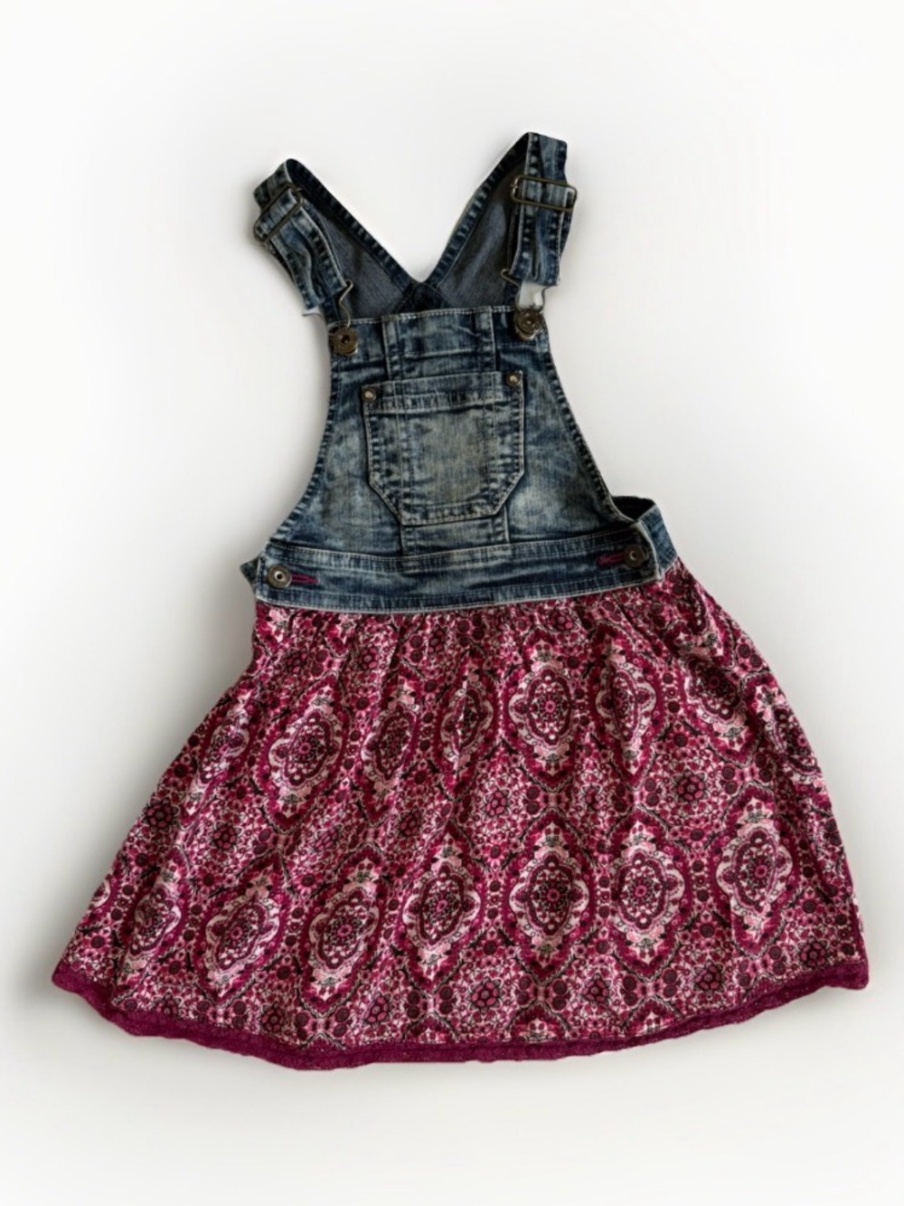 Jordache Girls Denim Overall Dress XS 4-5 Pink Medallion Paisley Skirt Pinafore